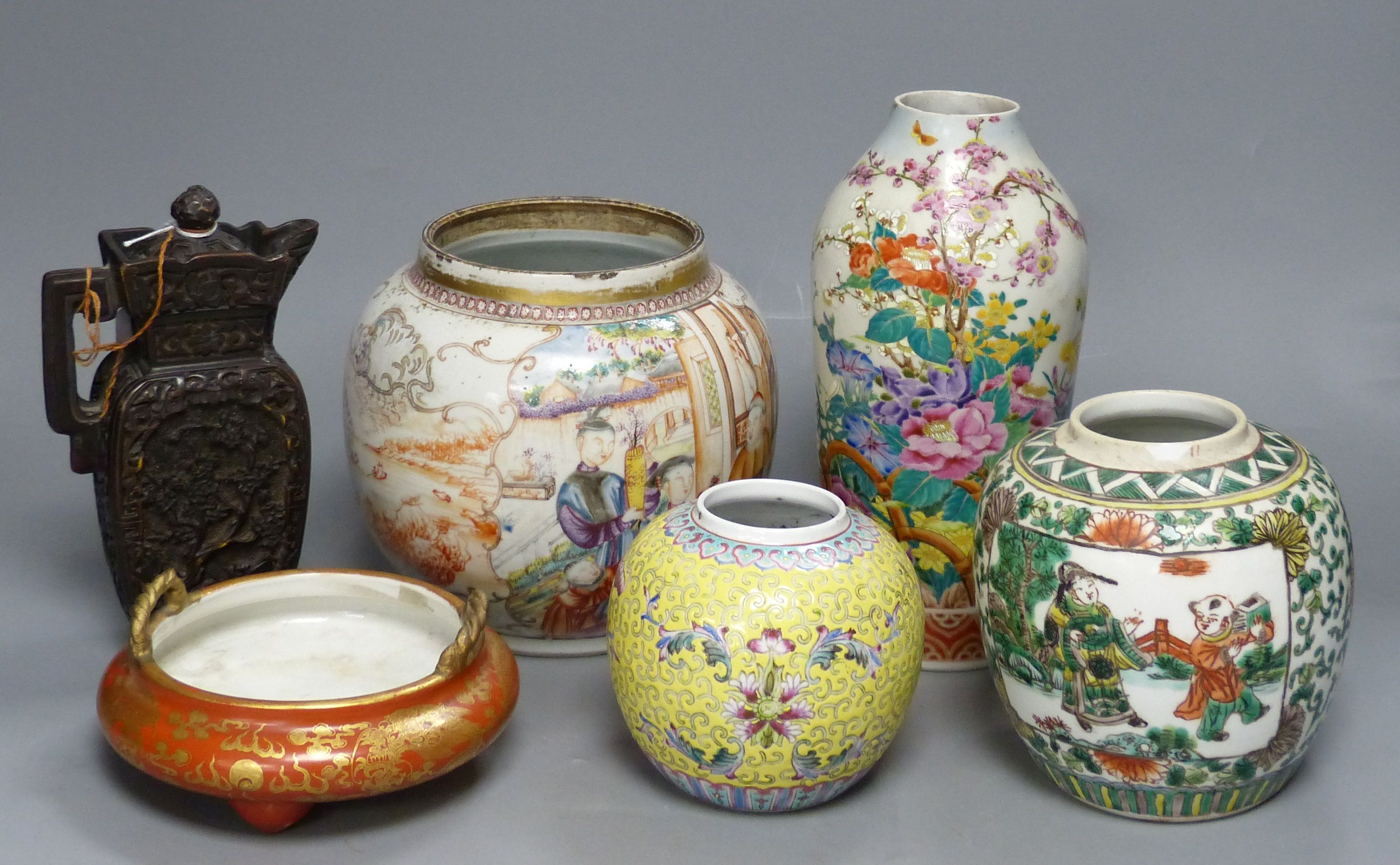 A group of mixed Chinese/Japanese ceramics to include three various jars, a vase, a censer and a lacquer jug, tallest 23cm